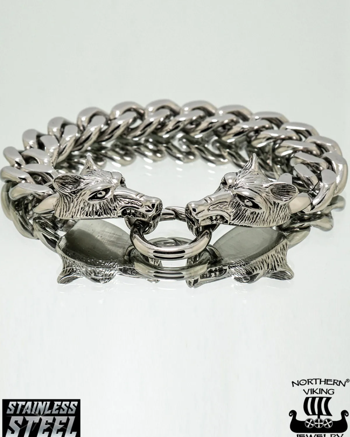 Northern Viking Jewelry Steel Chain Wolf Head rannekoru - Teräs Clearance