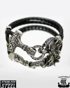 Northern Viking Jewelry Thor's Hammer Wolf Rannekoru - Teräs/Nahka Online