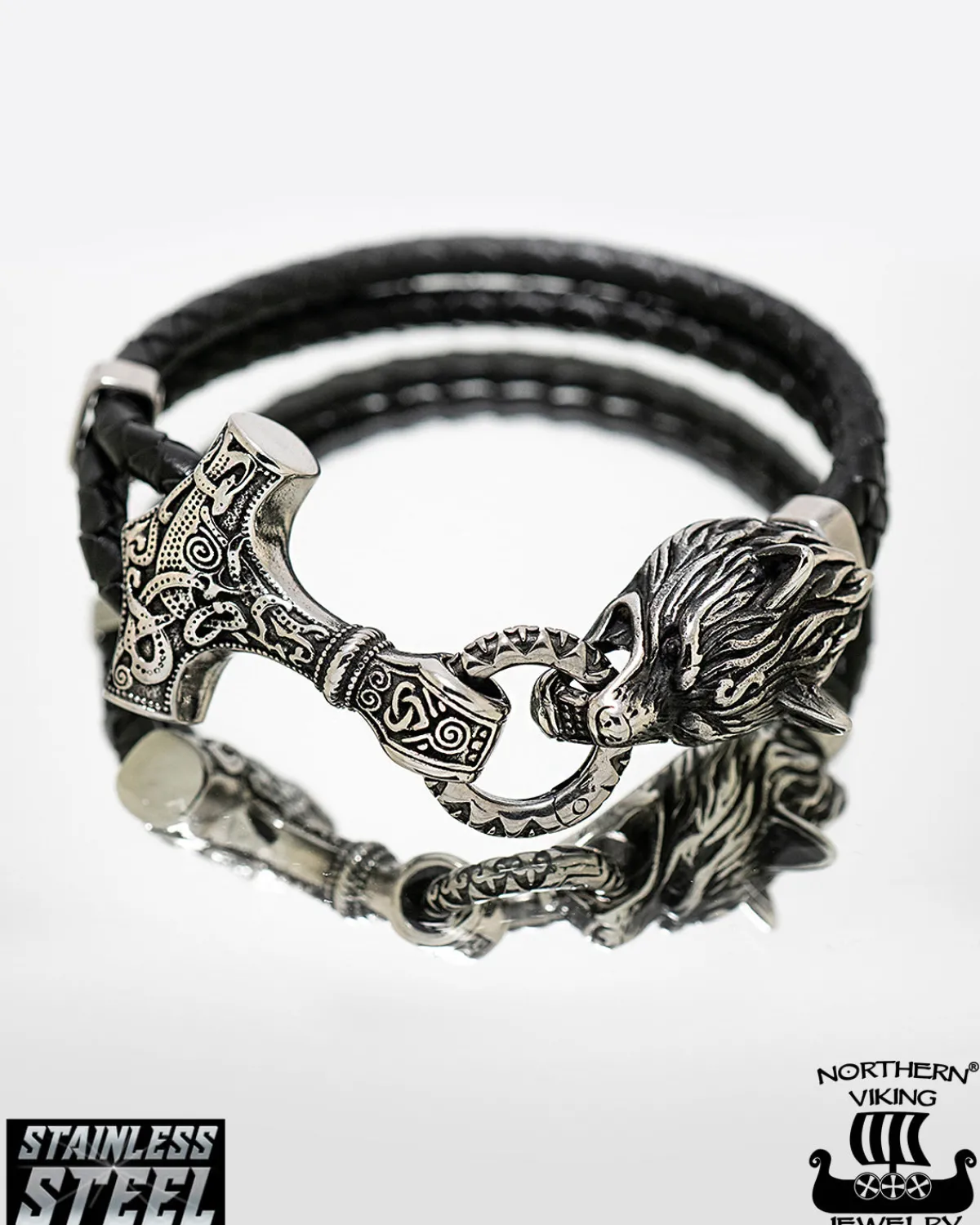 Northern Viking Jewelry Thor's Hammer Wolf Rannekoru - Teräs/Nahka Online